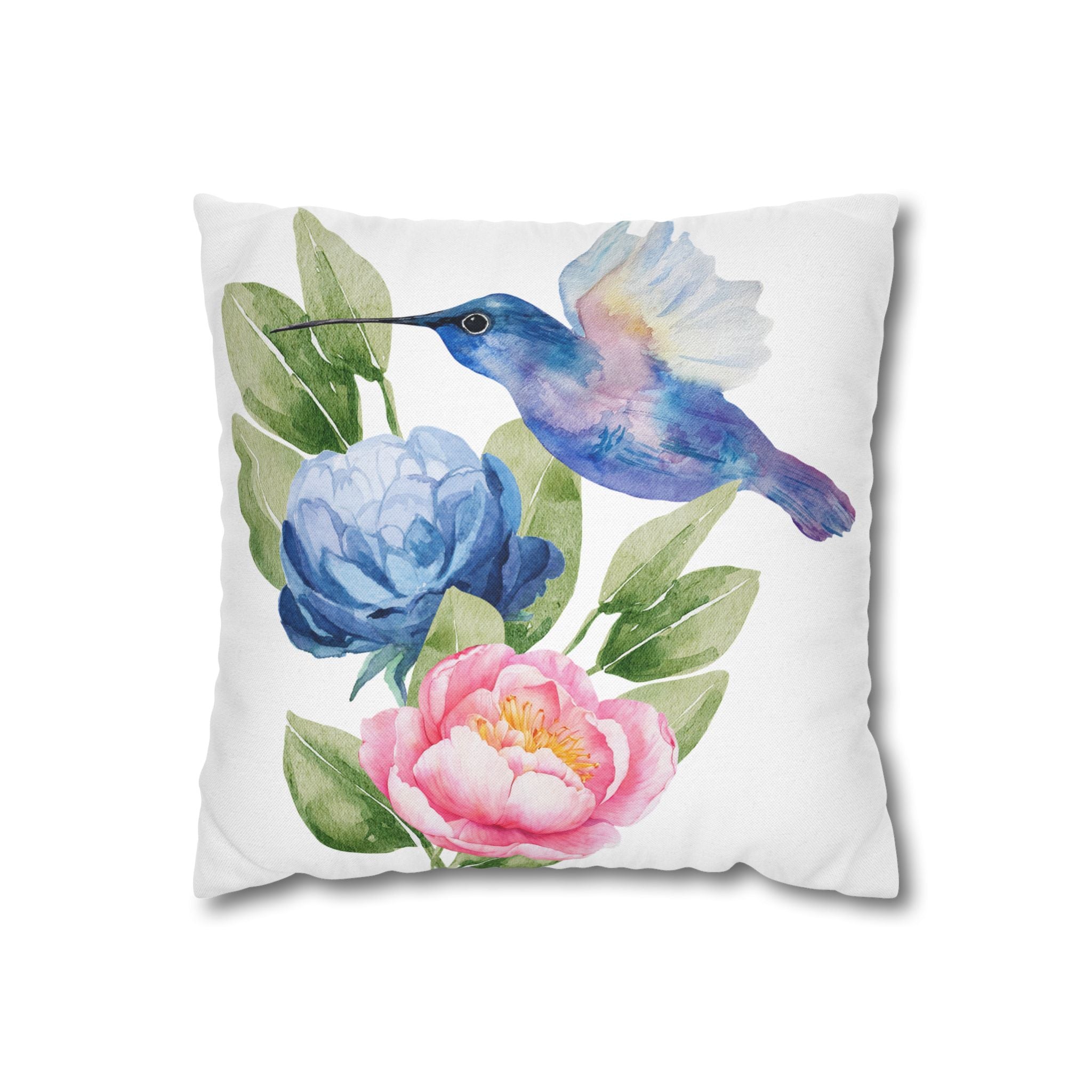 Hummingbird & Peonies Decorative Throw Pillowcase — Watercolor Floral Accent