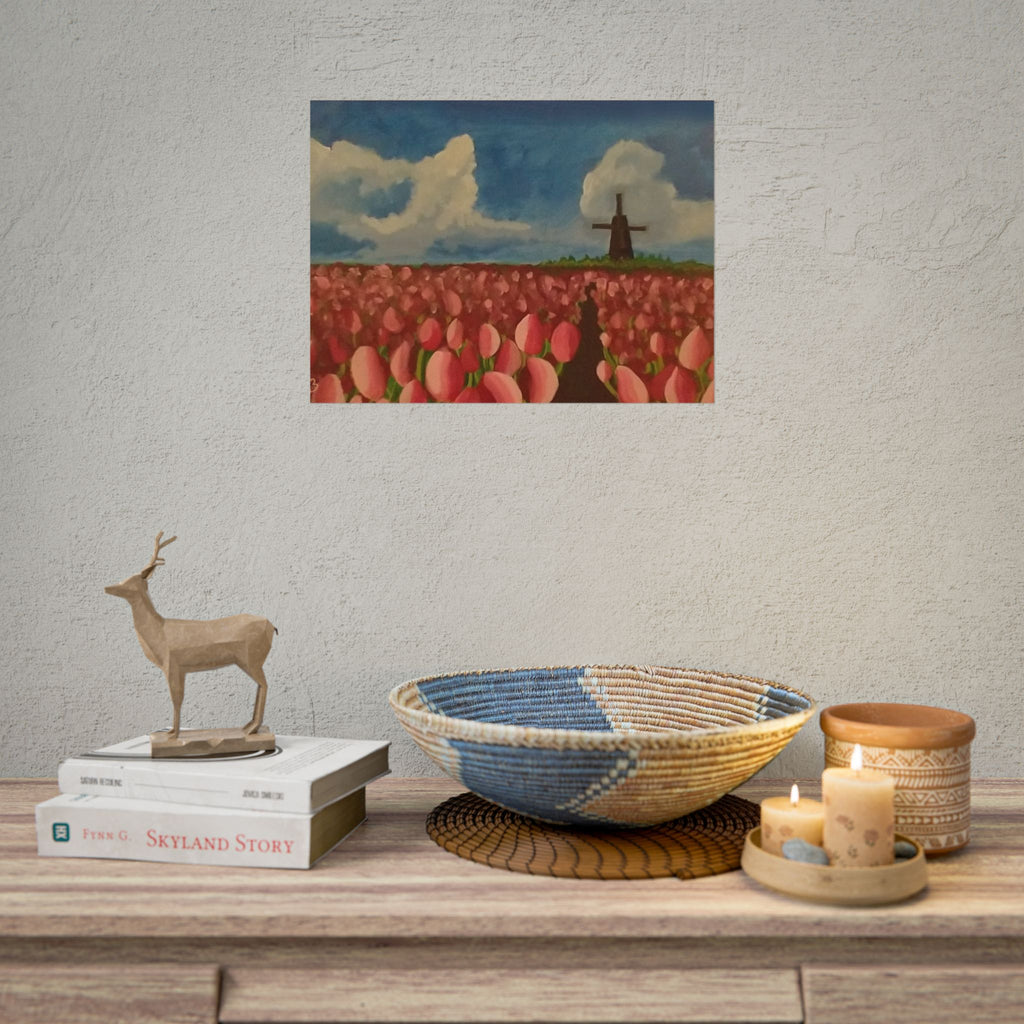 Rolled Poster — Tulip Field Landscape Print with Windmill