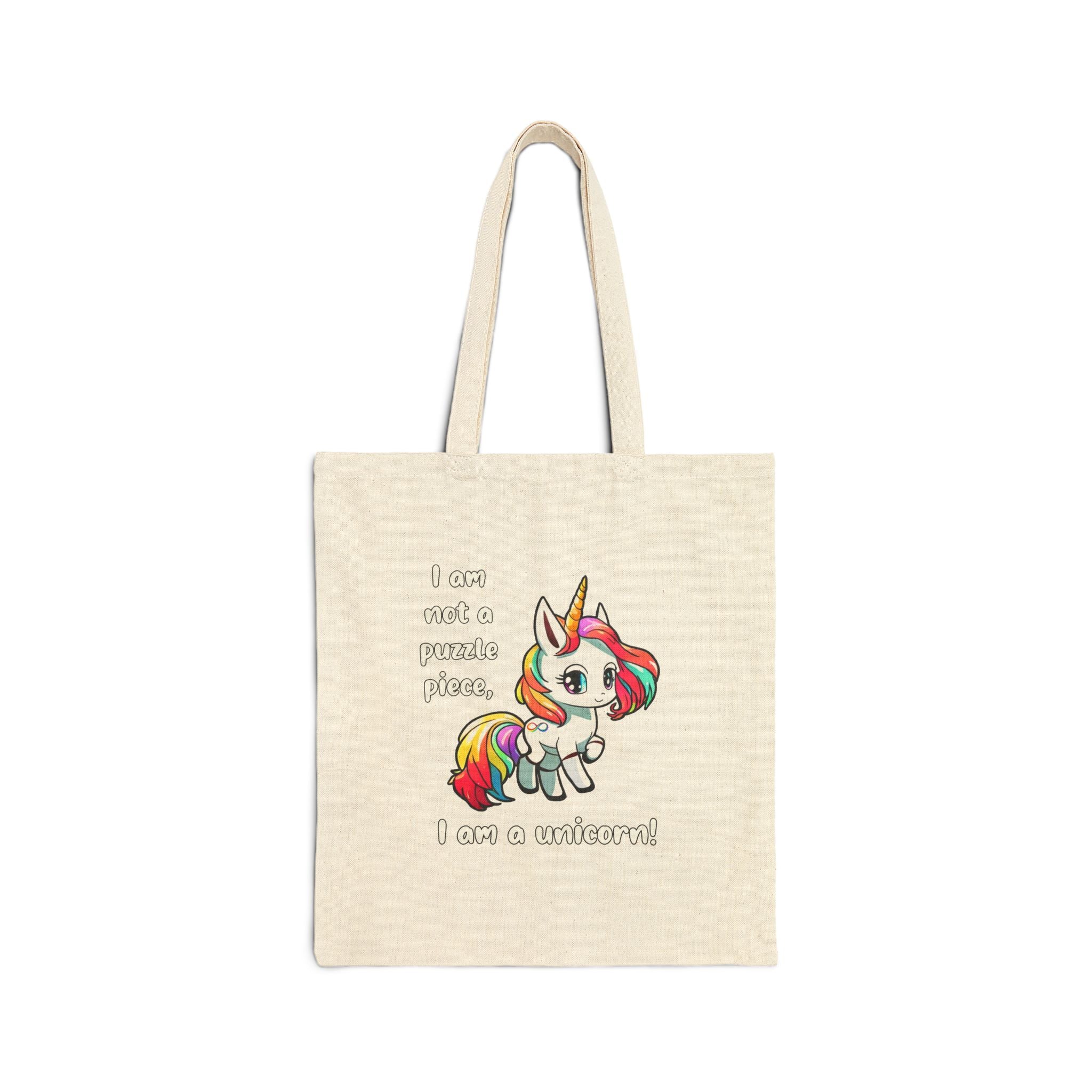 Unicorn Canvas Tote Bag — "I am Not a Puzzle Piece. I am a Unicorn!" Cute Rainbow Tote for Kids & Gift