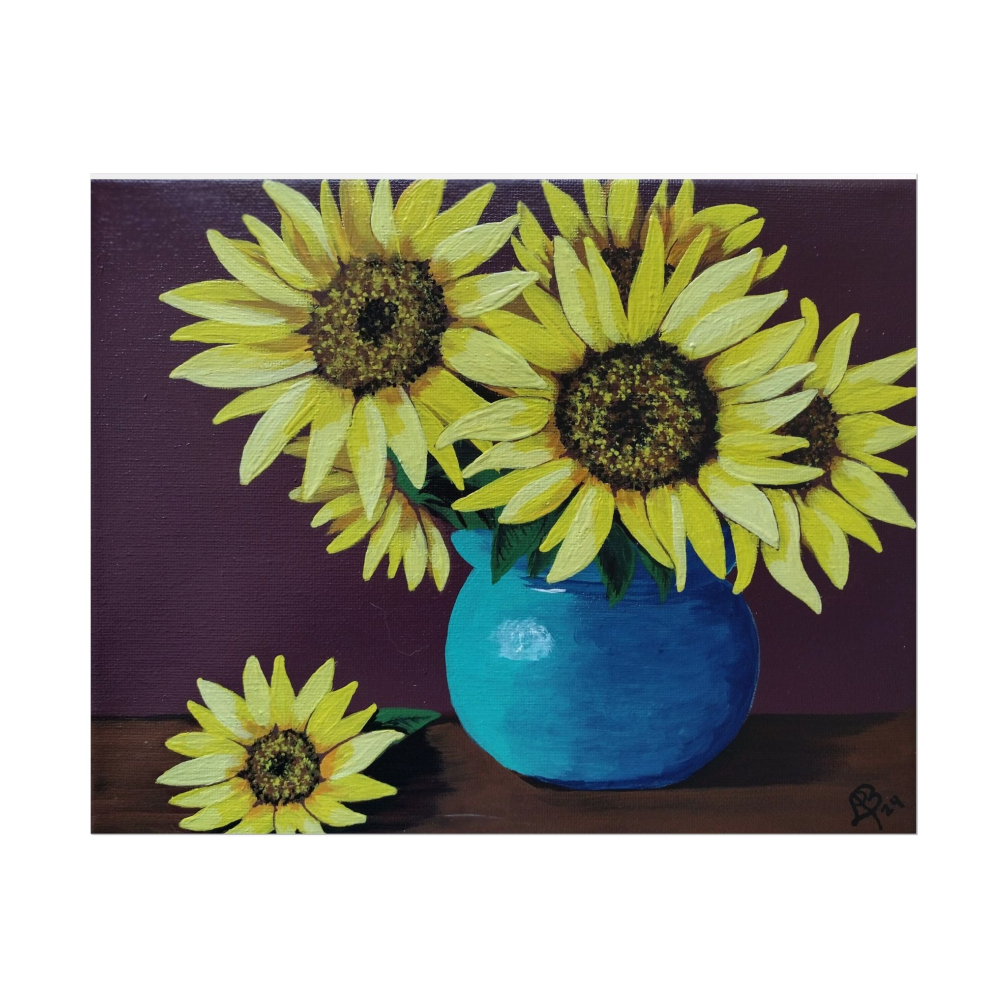 Yellow Sunflowers in Blue Vase Rolled Art Print