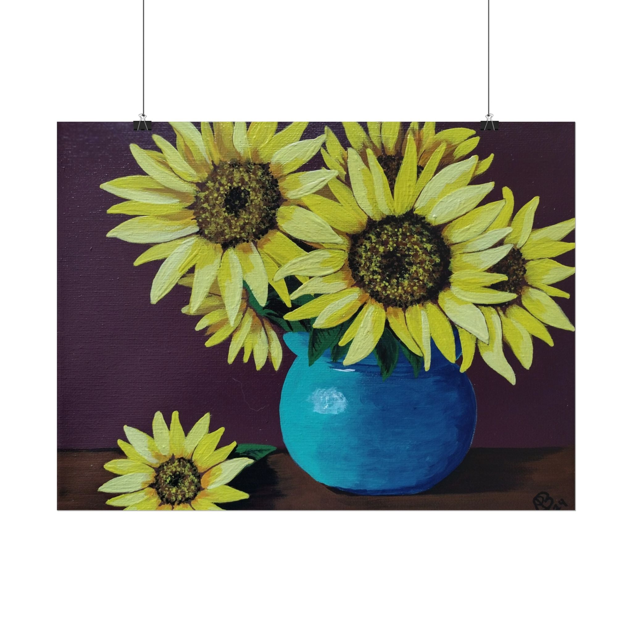 Yellow Sunflowers in Blue Vase Rolled Art Print