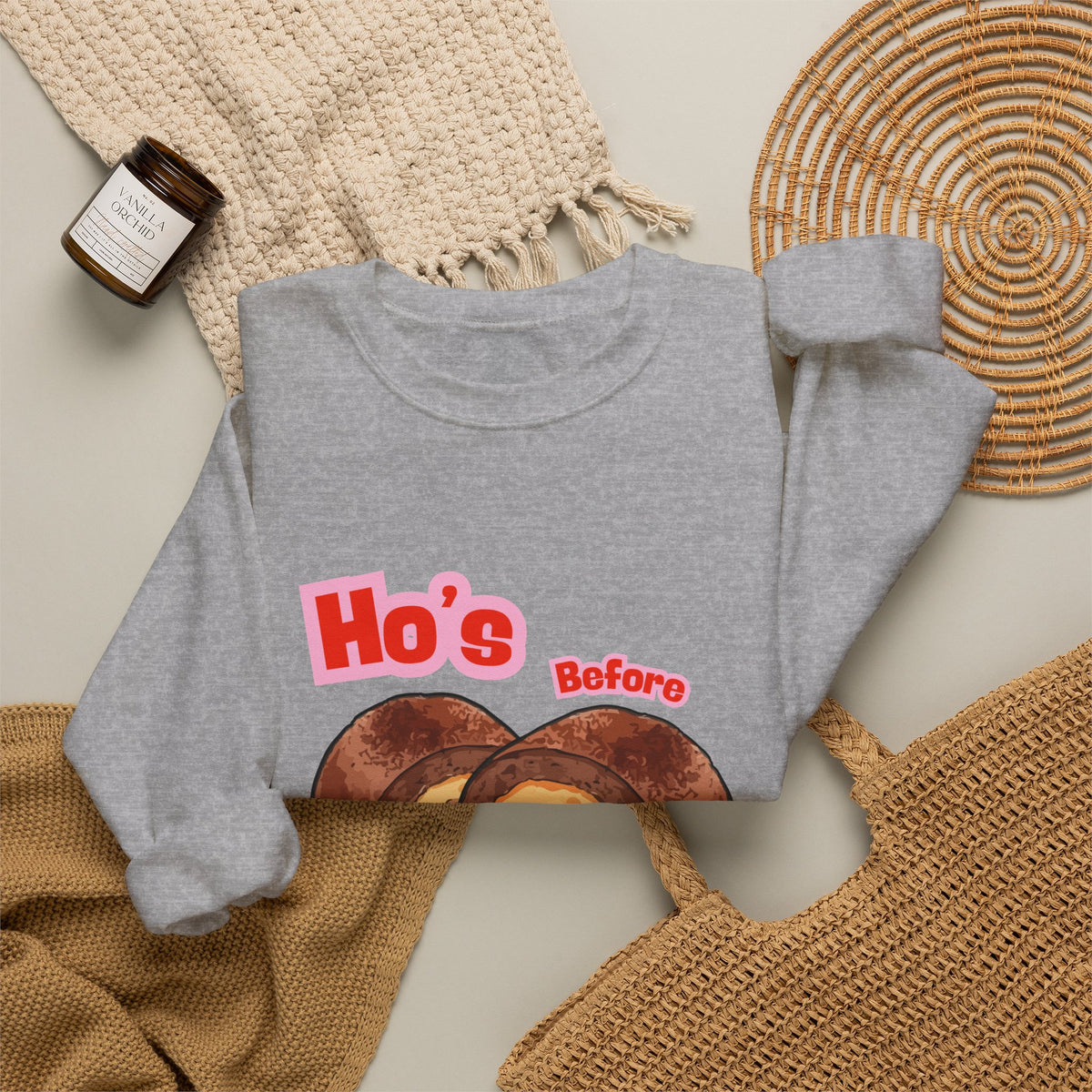 Crewneck Sweatshirt — "Ho's Before Bros" Food Pun Graphic
