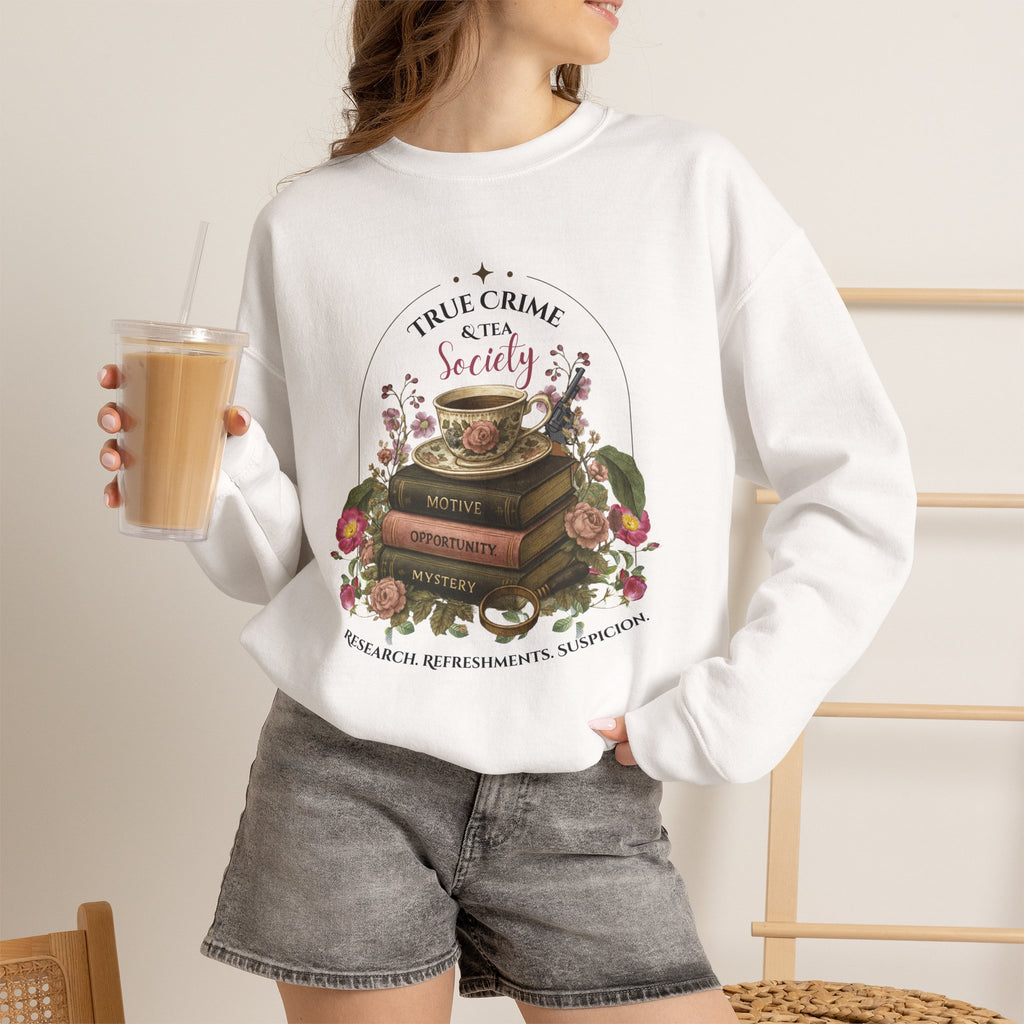 True Crime Book Club Sweatshirt — "True Crime & Tea" Vintage Stack Design