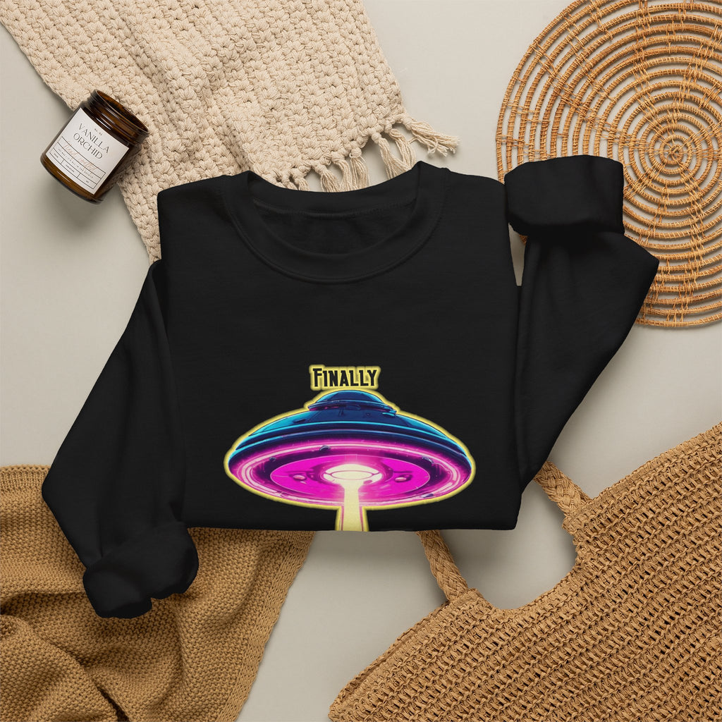 Crewneck Sweatshirt — "Finally We Found Intelligent Life" Neon UFO Graphic