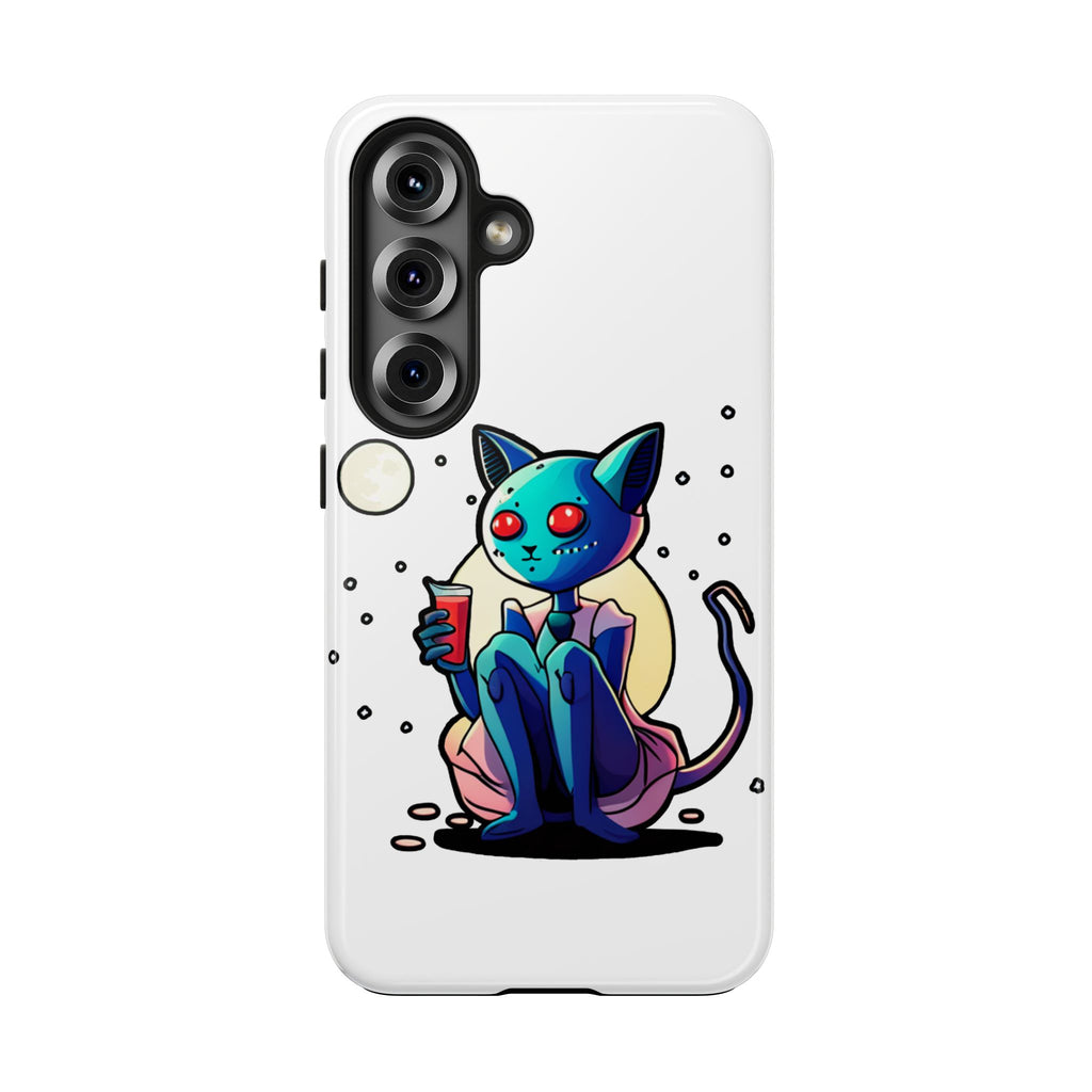 Cute Alien Cat Phone Case — Cosmic Cat with Drink Tough Phone Case