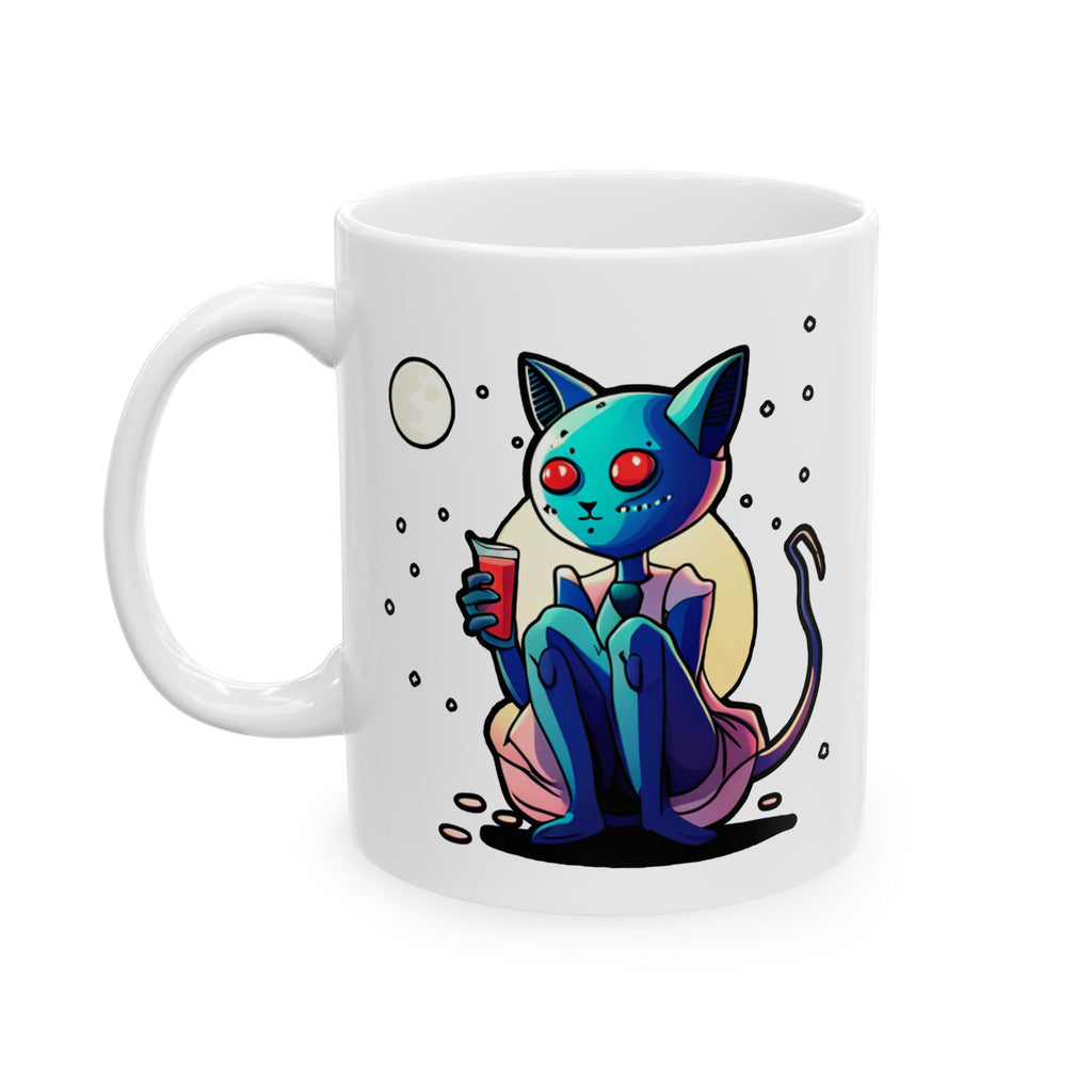 Alien Cat Ceramic Mug — Colorful Space Kitty Coffee Cup (11oz/15oz)