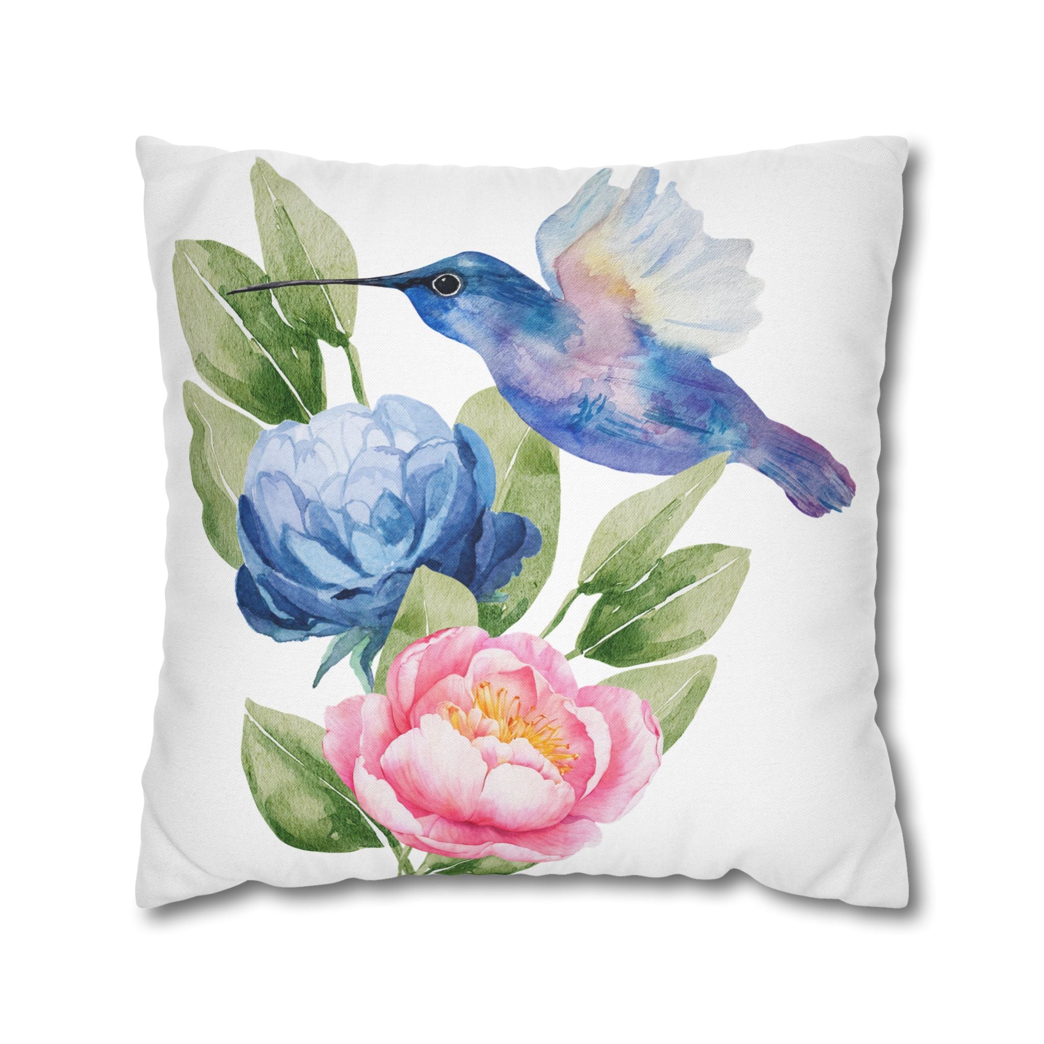 Hummingbird & Peonies Decorative Throw Pillowcase — Watercolor Floral Accent
