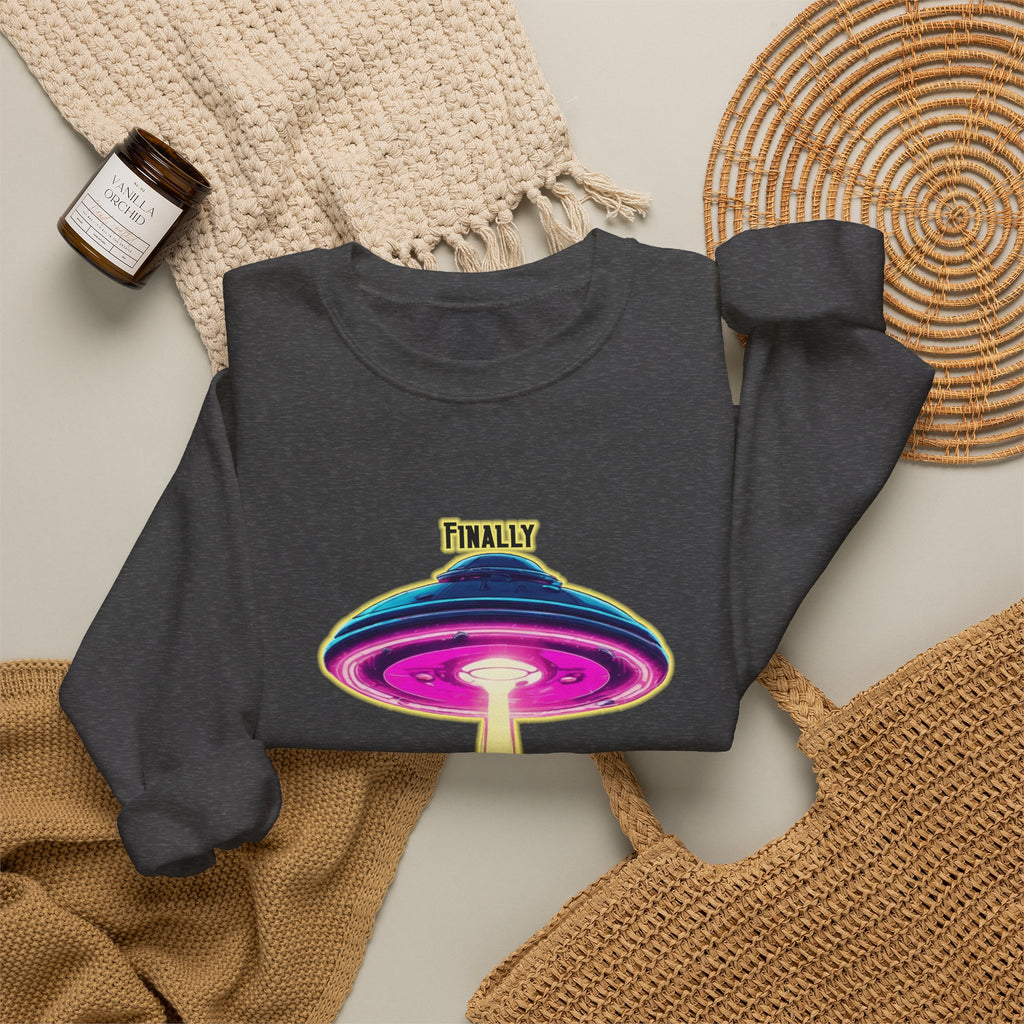 Crewneck Sweatshirt — "Finally We Found Intelligent Life" Neon UFO Graphic