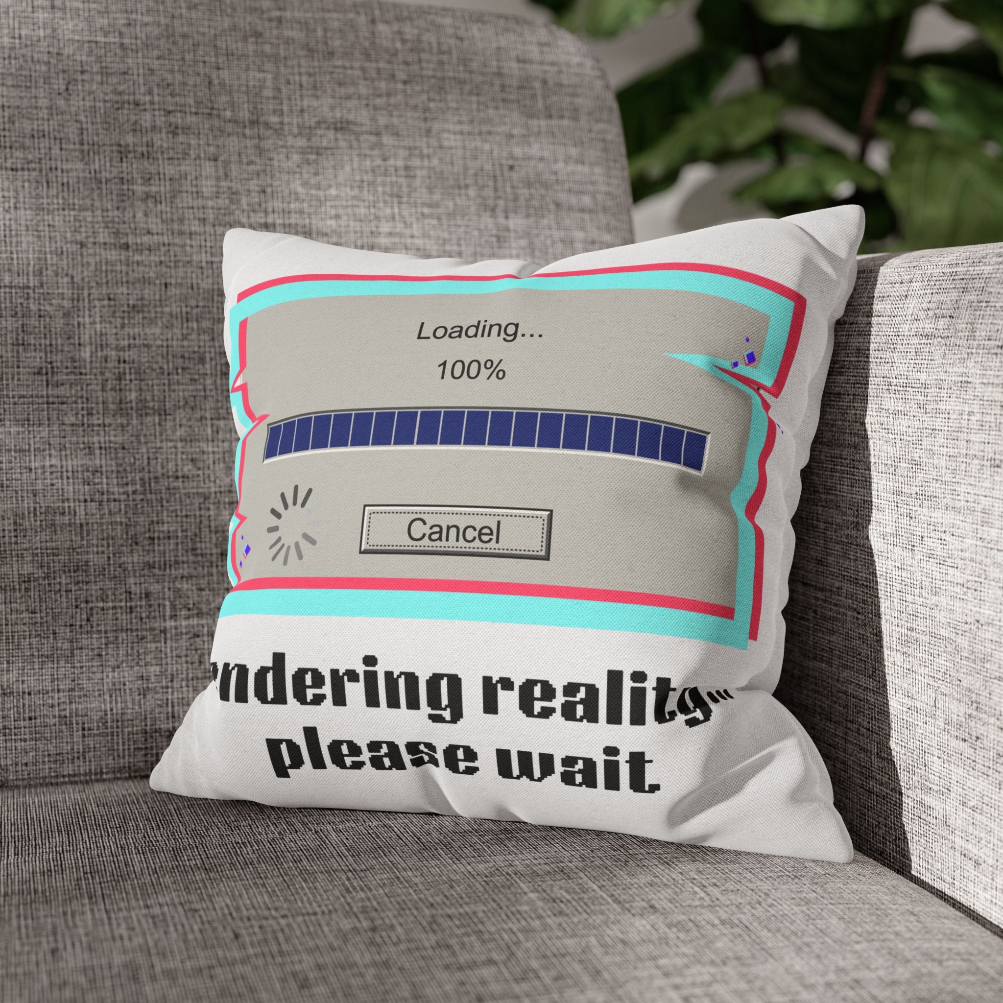 Square Pillowcase — "Rendering Reality... Please Wait" Retro Loading Bar Decorative Pillowcase