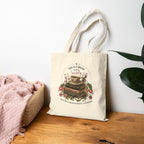 Tote Bag — 'True Crime & Tea' Vintage Bookstack Canvas Tote for Book Lovers
