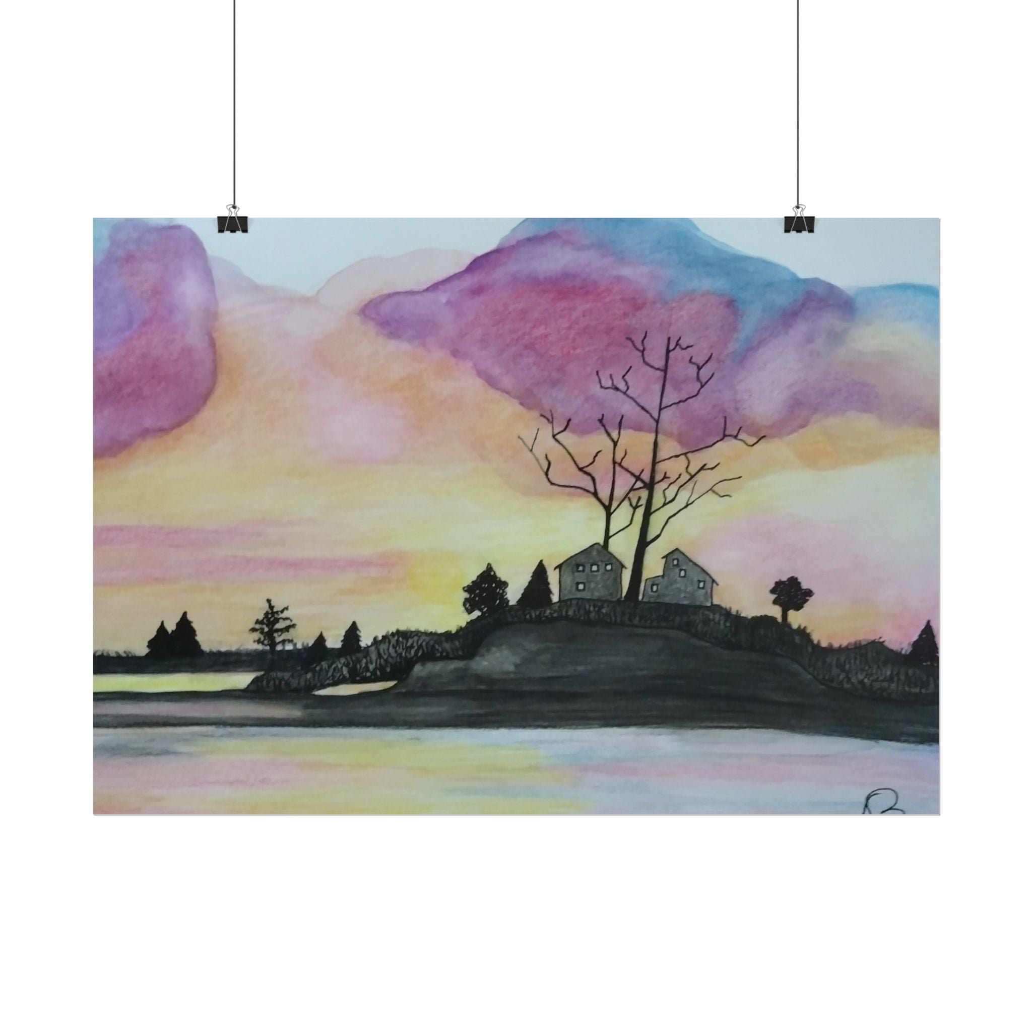 Sunset Lakeside Poster — Watercolor Cottage Landscape Rolled Art Print