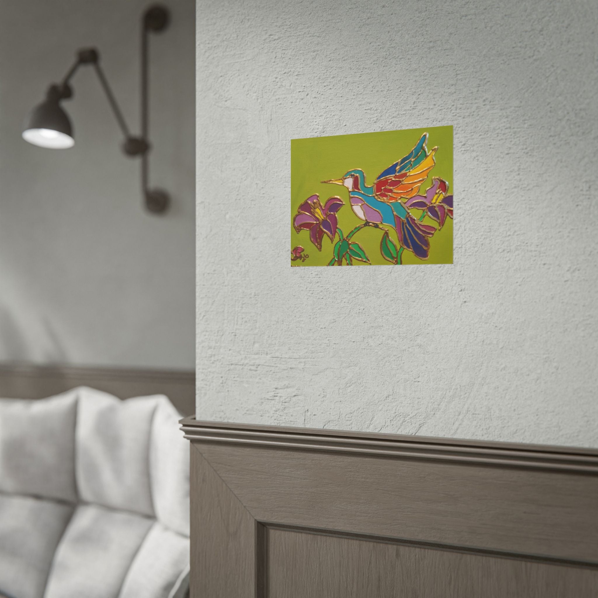 Hummingbird Stained-Glass Art Poster - Colorful Floral Wall Decor (Rolled Poster)