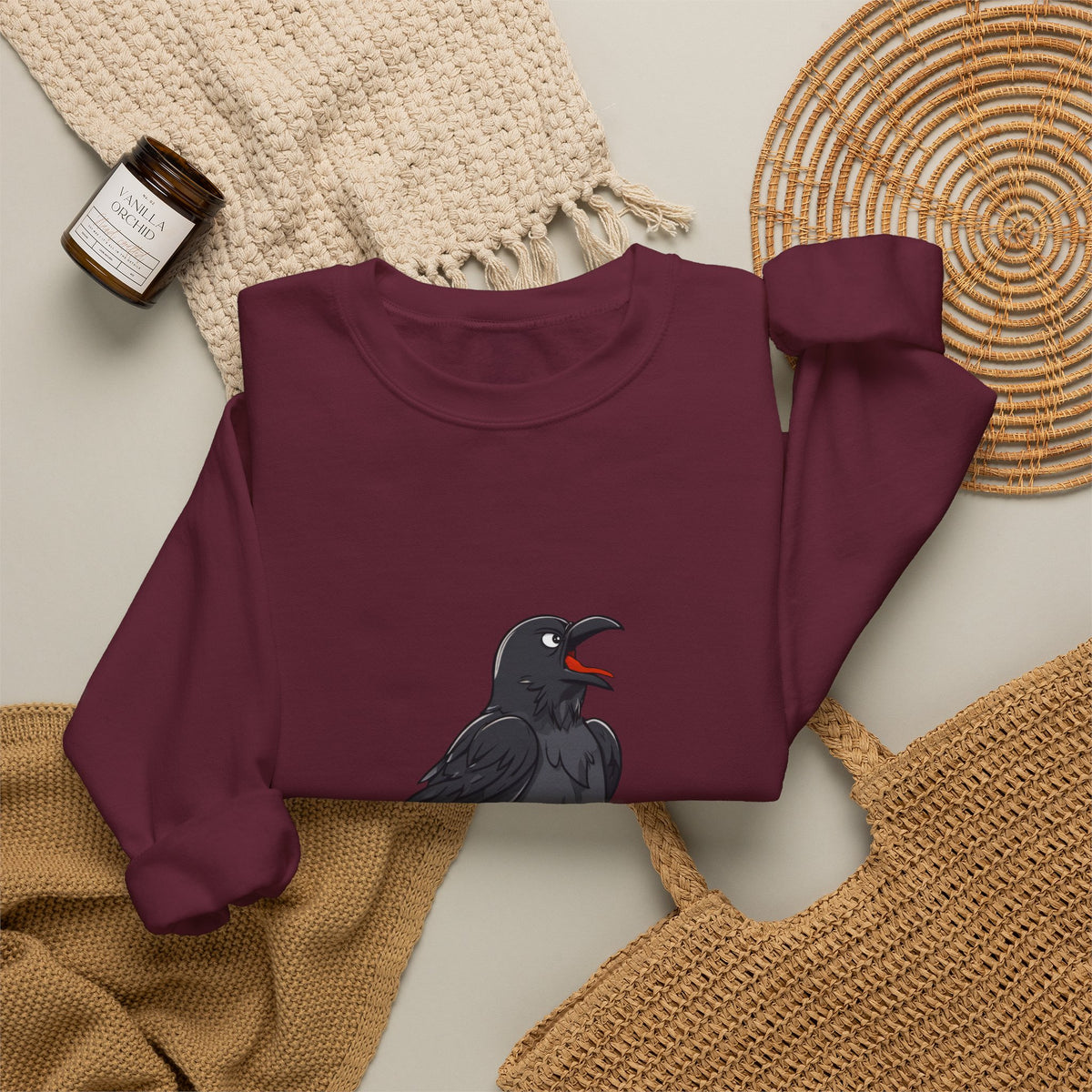 Crewneck Sweatshirt — Screaming Crow Graphic with "FUC AWF" Text