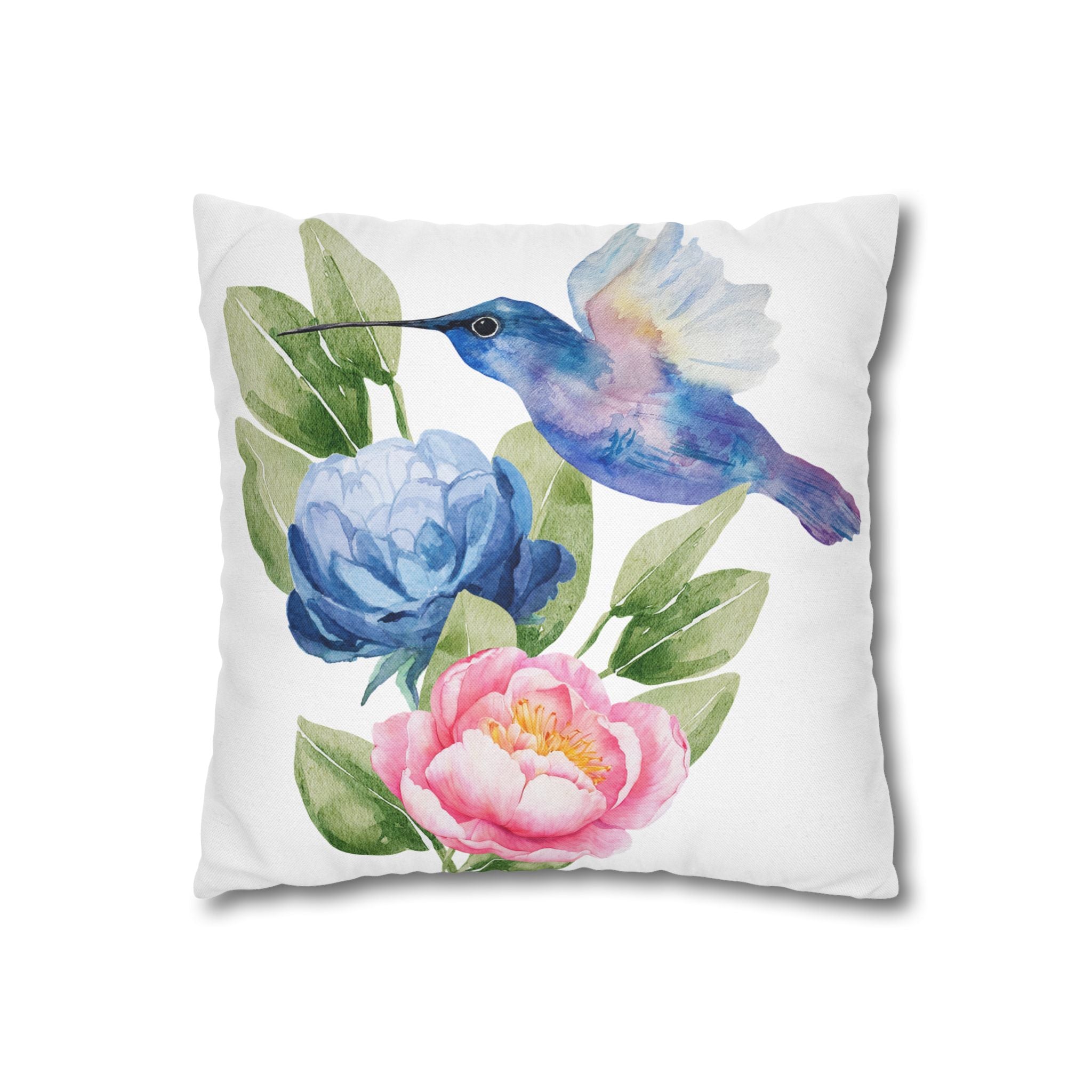 Hummingbird & Peonies Decorative Throw Pillowcase — Watercolor Floral Accent