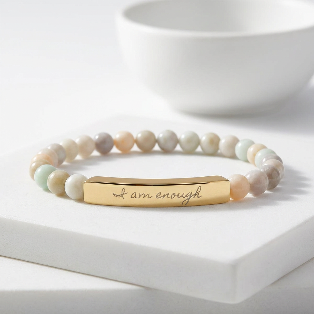 Personalize it! Engravable Natural Stone Stretch Bracelet — Bar Bead Bracelet ("I am enough")