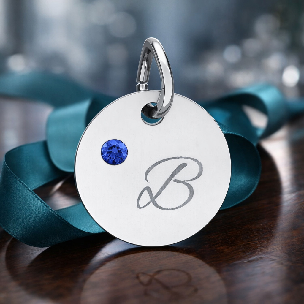 Personalize it!  Birthstone Circle Charm — Engraved Initial Pendant