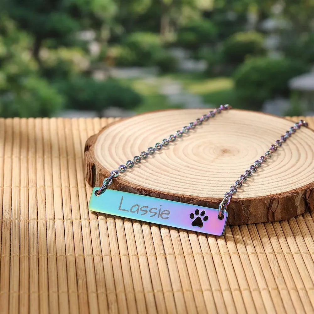 Personalize it! Engraved Paw Bar Necklace - Pet Name Jewelry