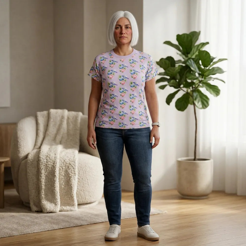 All-Over Print Tee — Vintage Flower and Hummingbird Pattern