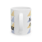 Pastel Geometric Ceramic Mug — 'Fueled by Caffeine...and RAGE' Patterned Coffee Cup (11oz, 15oz)