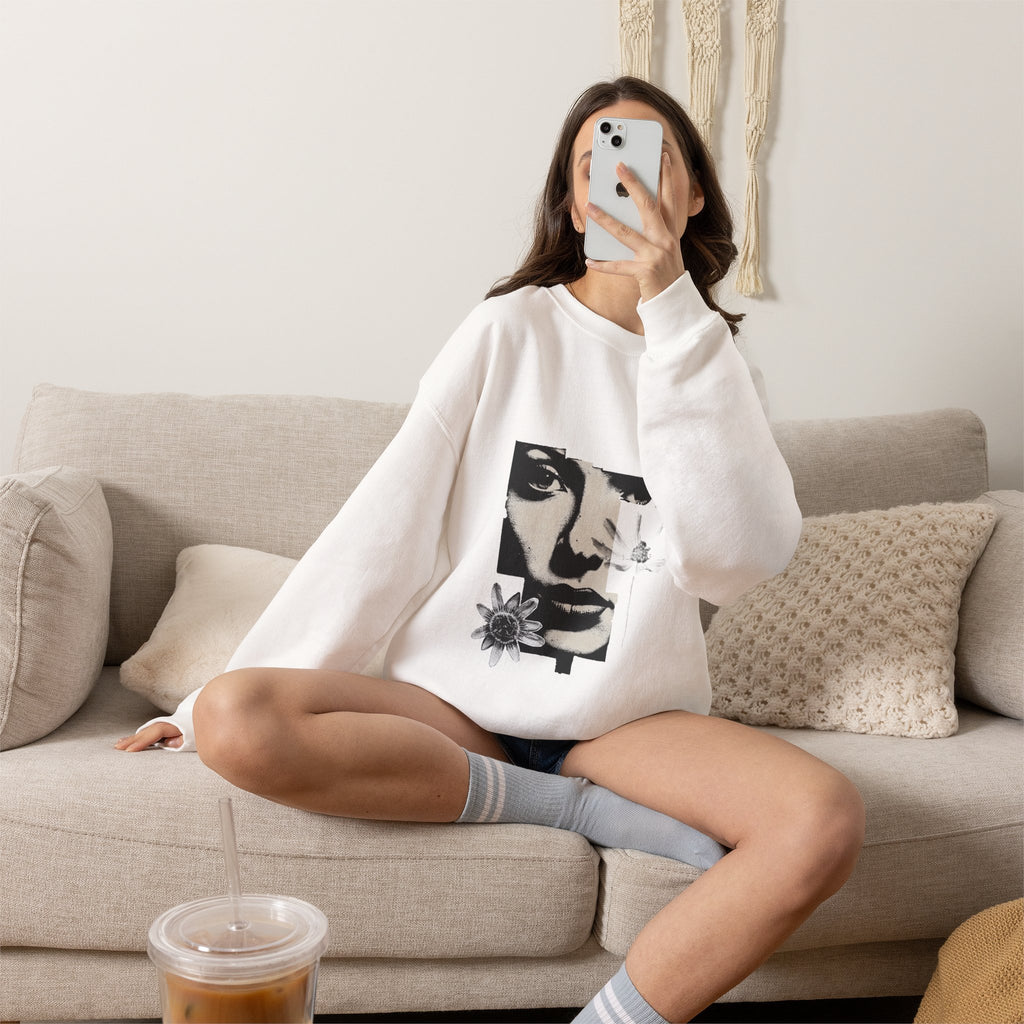 Collage Sweatshirt — Monochrome Floral Portrait Crewneck