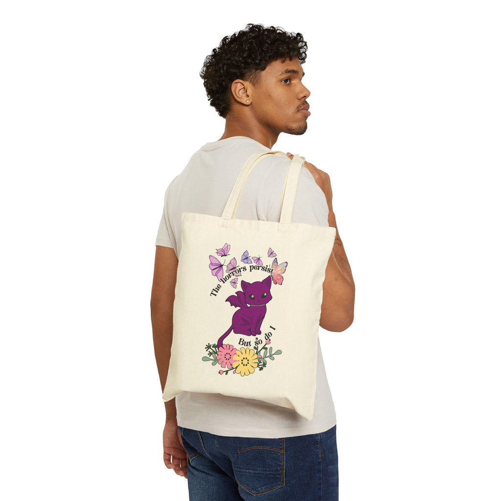 Tote Bag — "The Horrors Persist but so Do I" Floral Purple Cat Canvas Tote