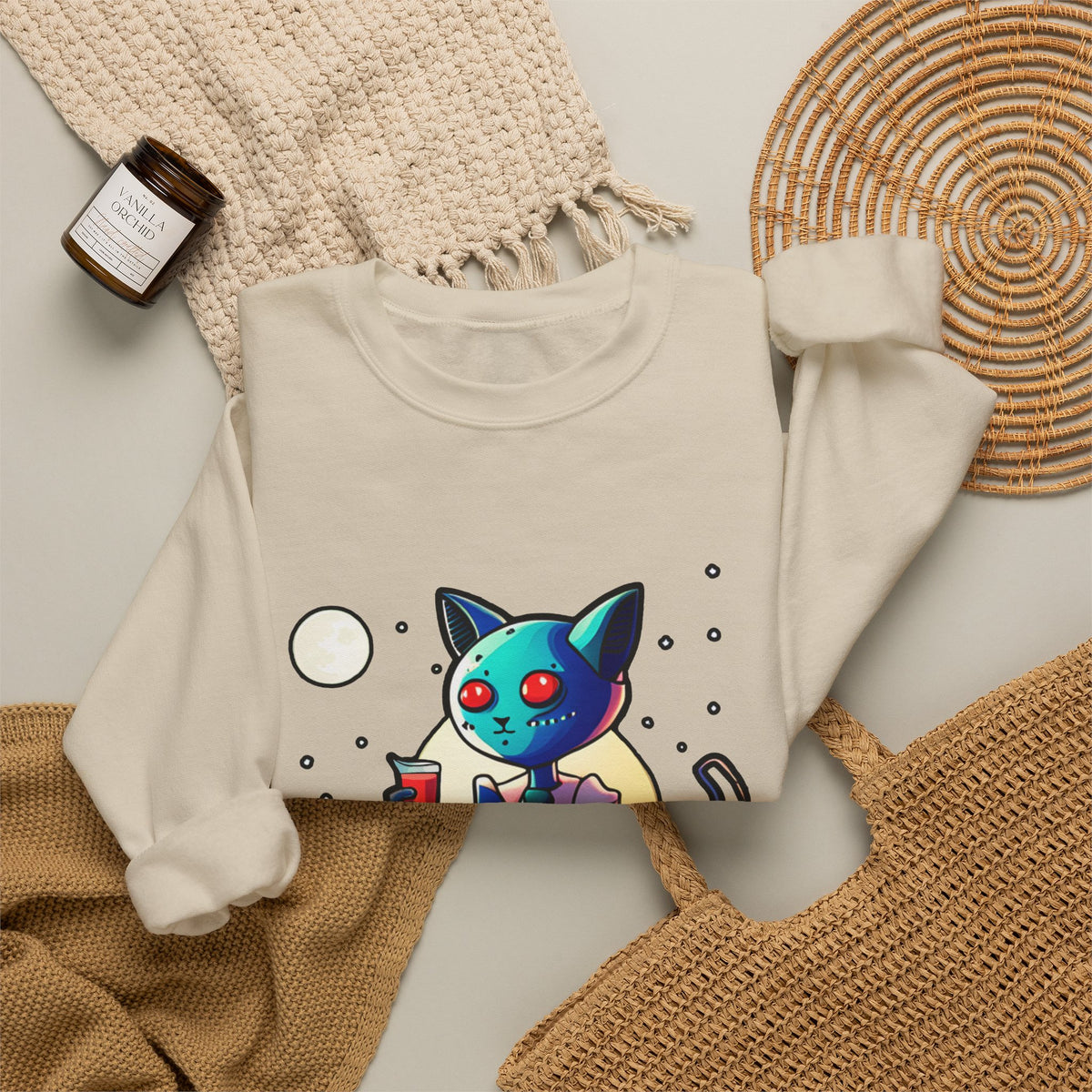 Alien Cat Crewneck Sweatshirt — Neon Cosmic Cat Graphic