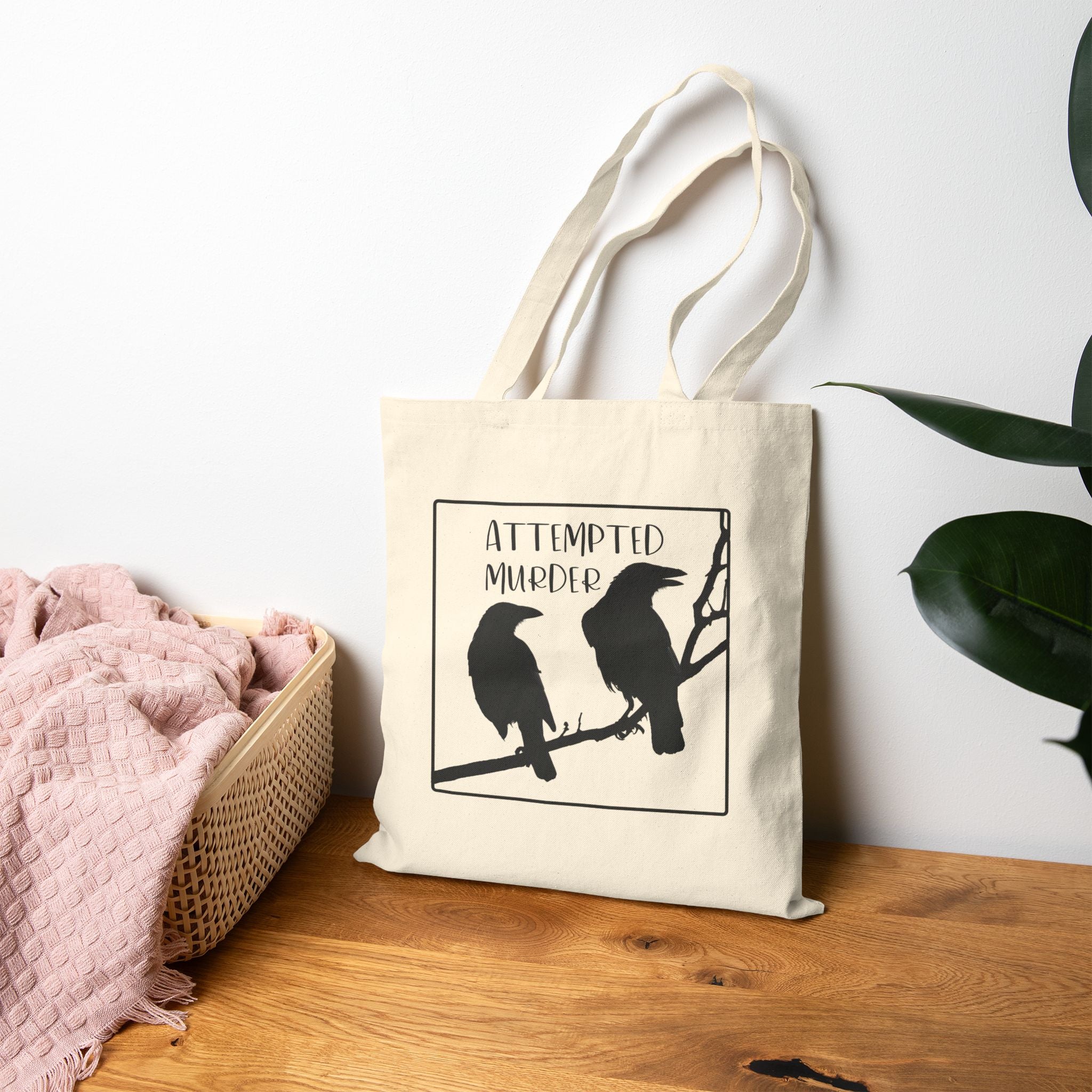 Tote Bag — "Attempted Murder" Raven Tote, Gothic Bird Canvas Shopper