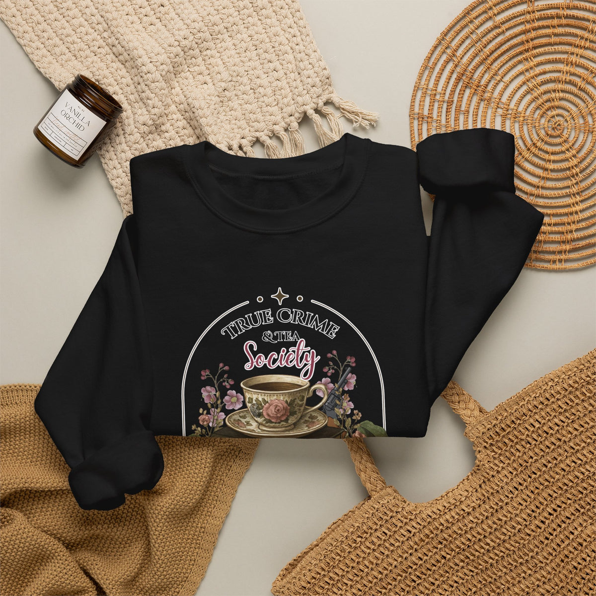 True Crime Book Club Sweatshirt — "True Crime & Tea" Vintage Stack Design