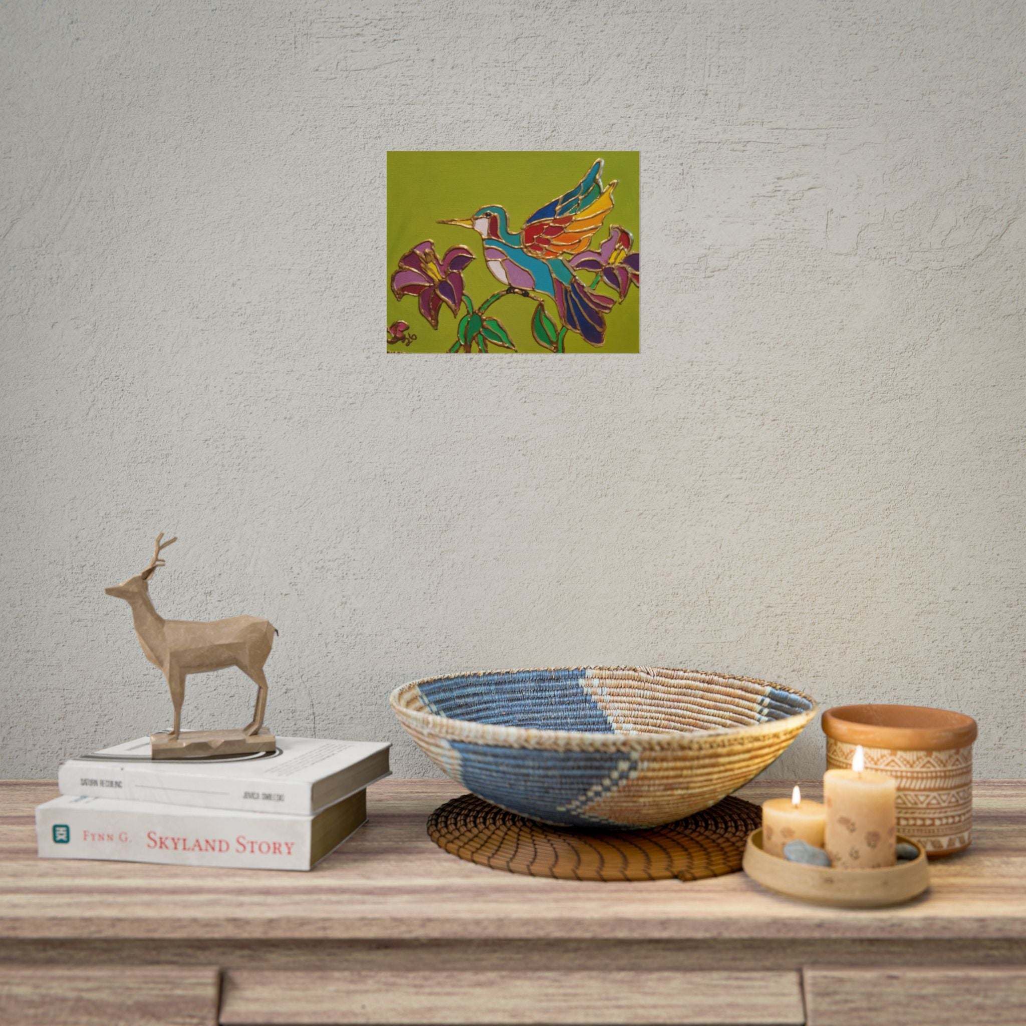 Hummingbird Stained-Glass Art Poster - Colorful Floral Wall Decor (Rolled Poster)