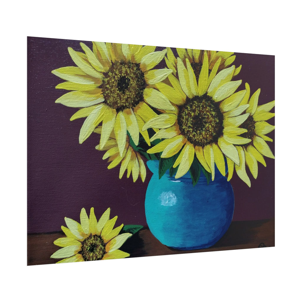 Yellow Sunflowers in Blue Vase Rolled Art Print