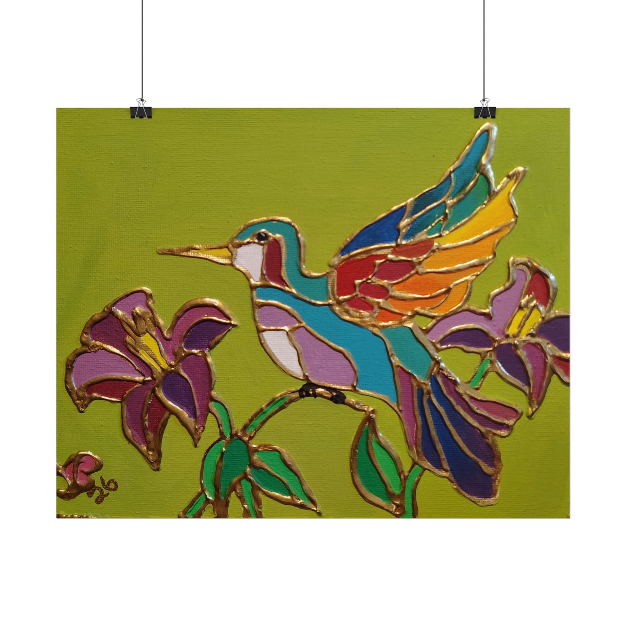 Hummingbird Stained-Glass Art Poster - Colorful Floral Wall Decor (Rolled Poster)