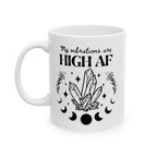 'My Vibrations are High AF' Ceramic Mug — Magical Moon & Tarot Coffee Cup (11oz/15oz)