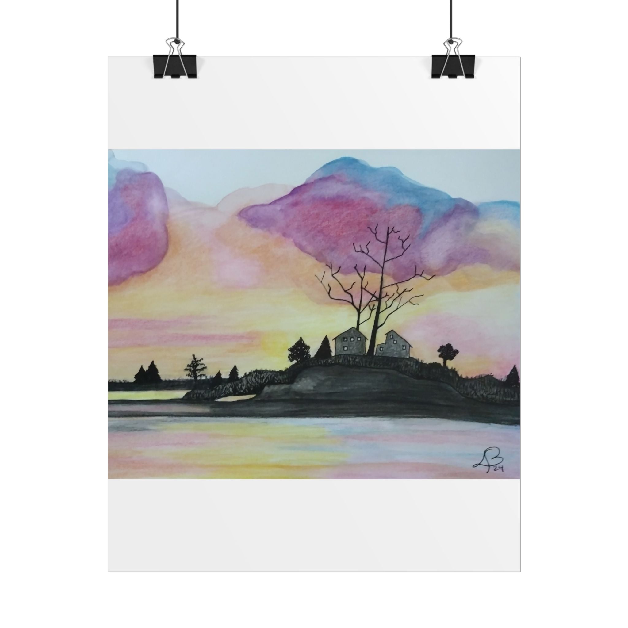 Sunset Lakeside Poster — Watercolor Cottage Landscape Rolled Art Print