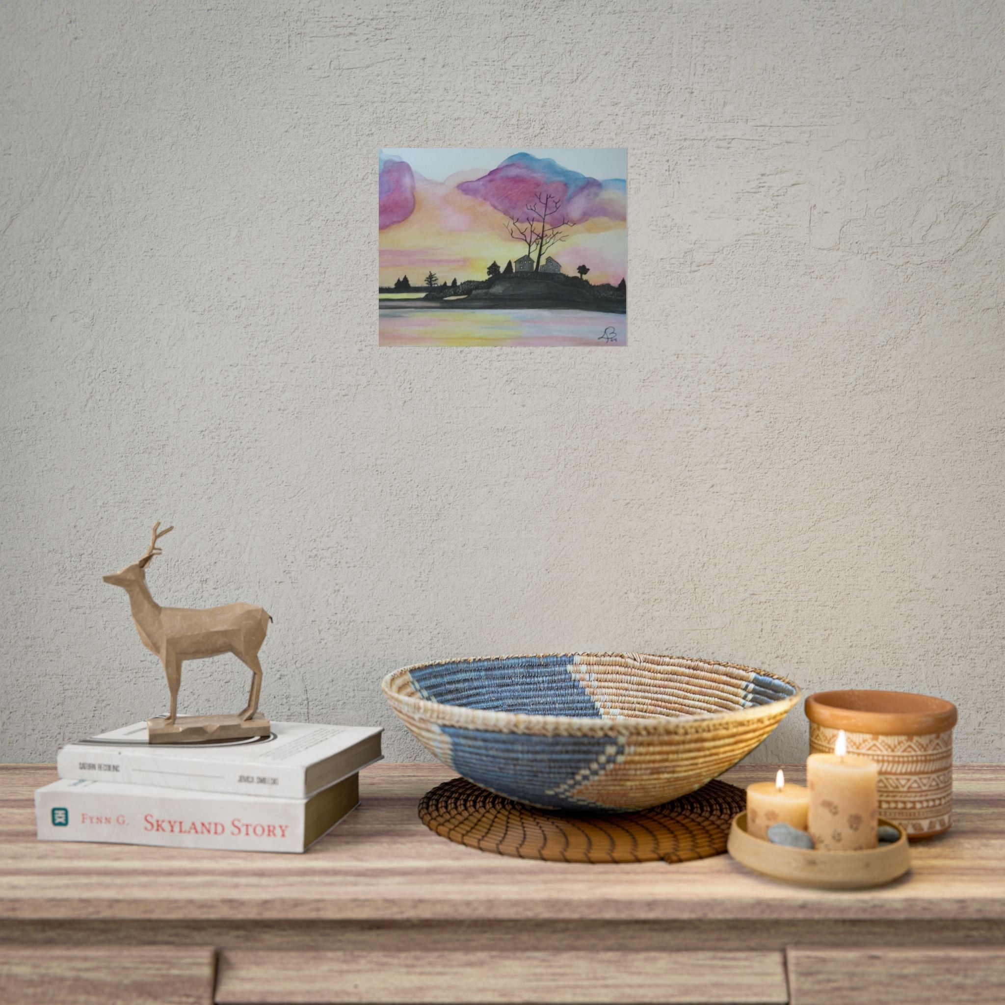 Sunset Lakeside Poster — Watercolor Cottage Landscape Rolled Art Print