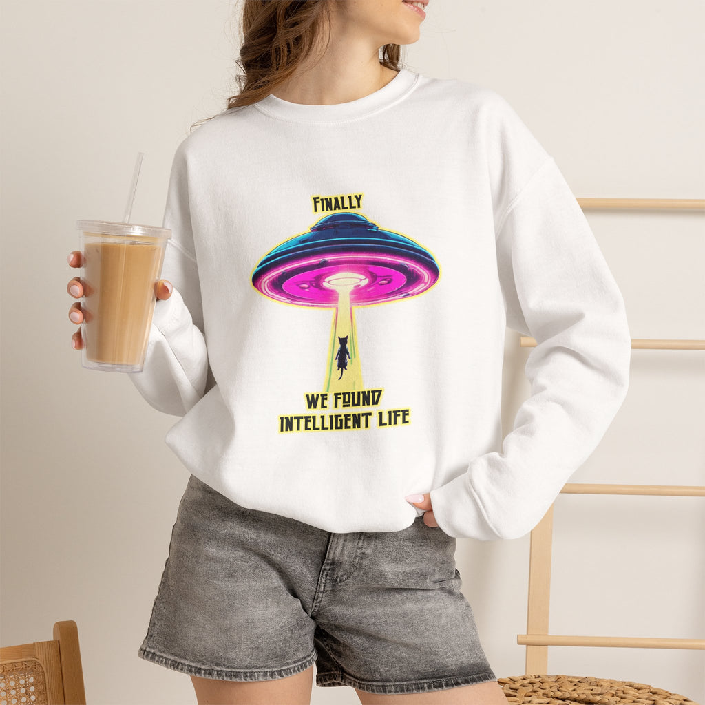 Crewneck Sweatshirt — "Finally We Found Intelligent Life" Neon UFO Graphic
