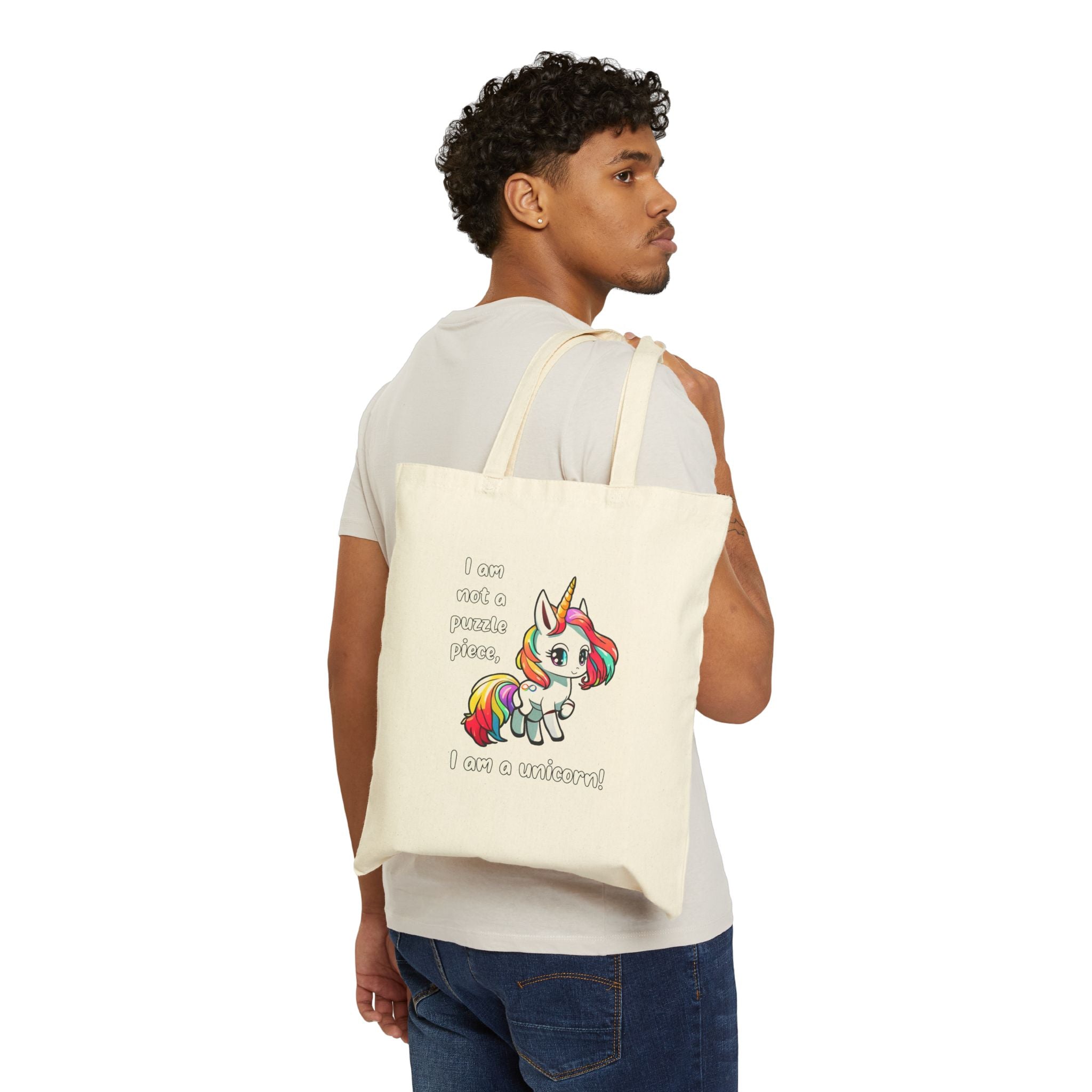 Unicorn Canvas Tote Bag — "I am Not a Puzzle Piece. I am a Unicorn!" Cute Rainbow Tote for Kids & Gift