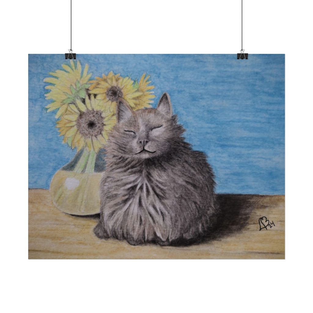 Cat with Sunflowers Poster — Rolled Art Print