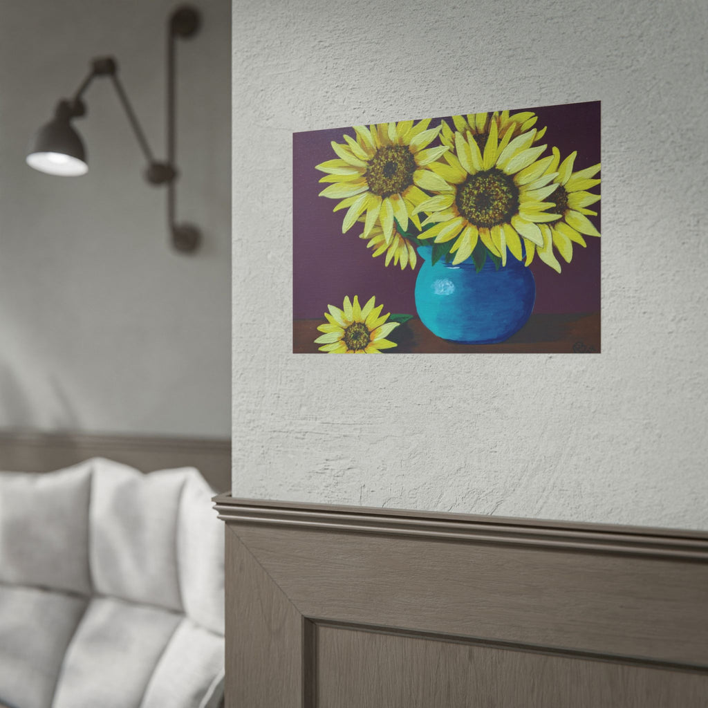 Yellow Sunflowers in Blue Vase Rolled Art Print