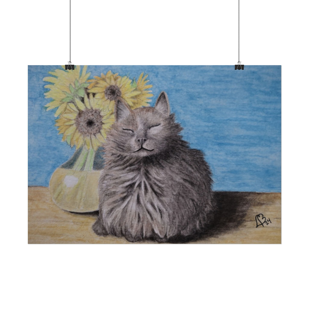 Cat with Sunflowers Poster — Rolled Art Print