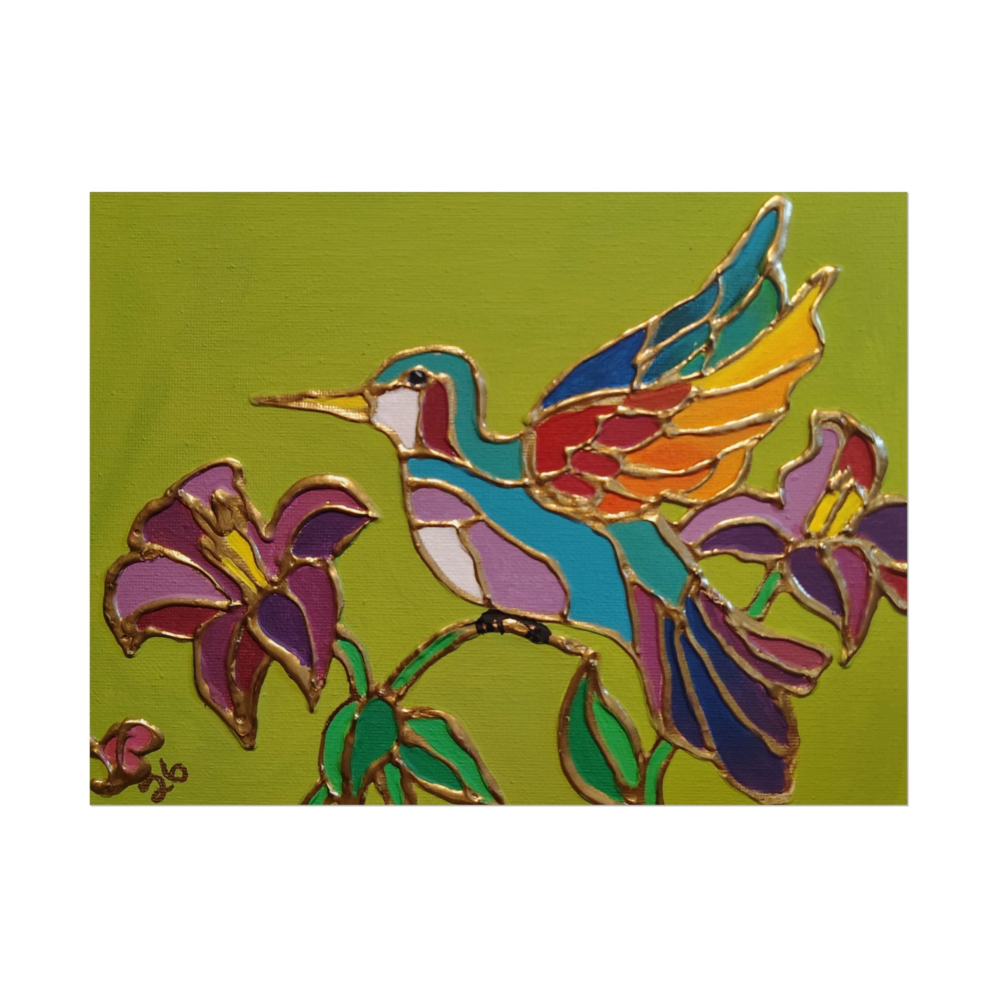 Hummingbird Stained-Glass Art Poster - Colorful Floral Wall Decor (Rolled Poster)
