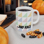 Pastel Geometric Ceramic Mug — 'Fueled by Caffeine...and RAGE' Patterned Coffee Cup (11oz, 15oz)