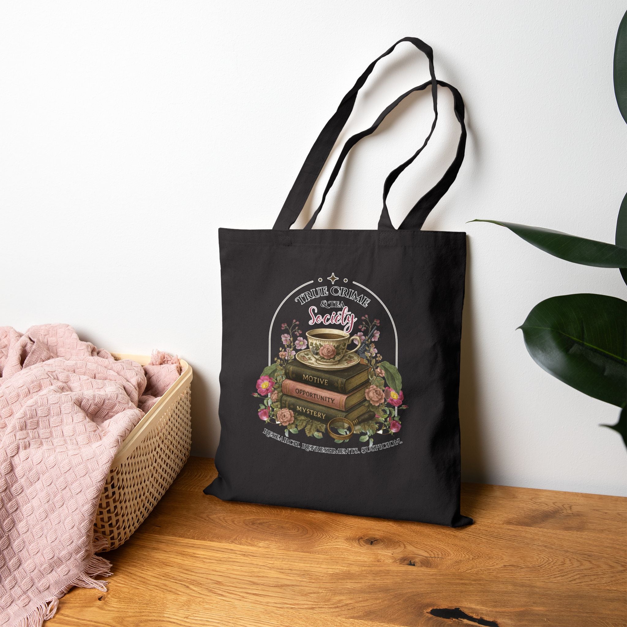 Tote Bag — 'True Crime & Tea' Vintage Bookstack Canvas Tote for Book Lovers