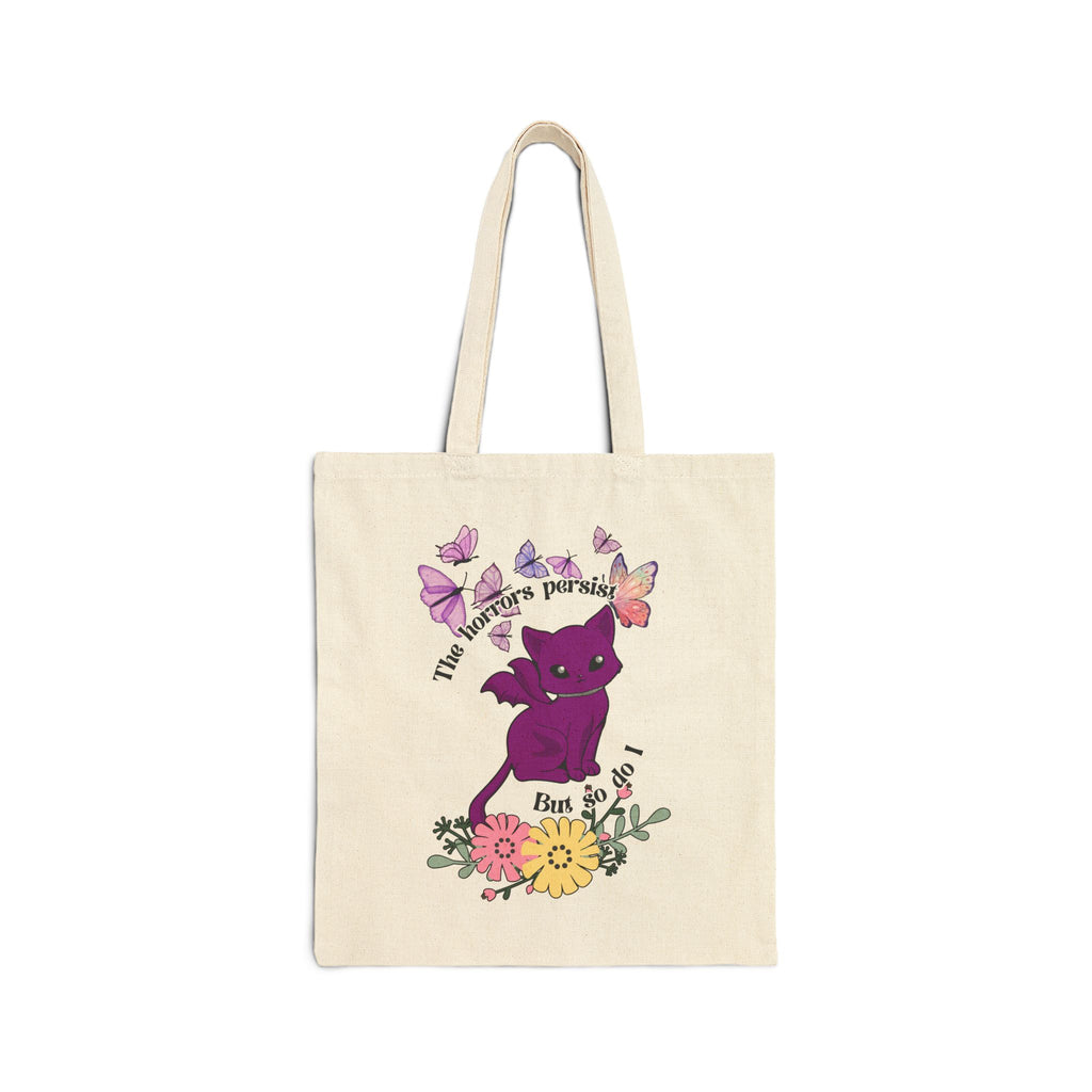 Tote Bag — "The Horrors Persist but so Do I" Floral Purple Cat Canvas Tote