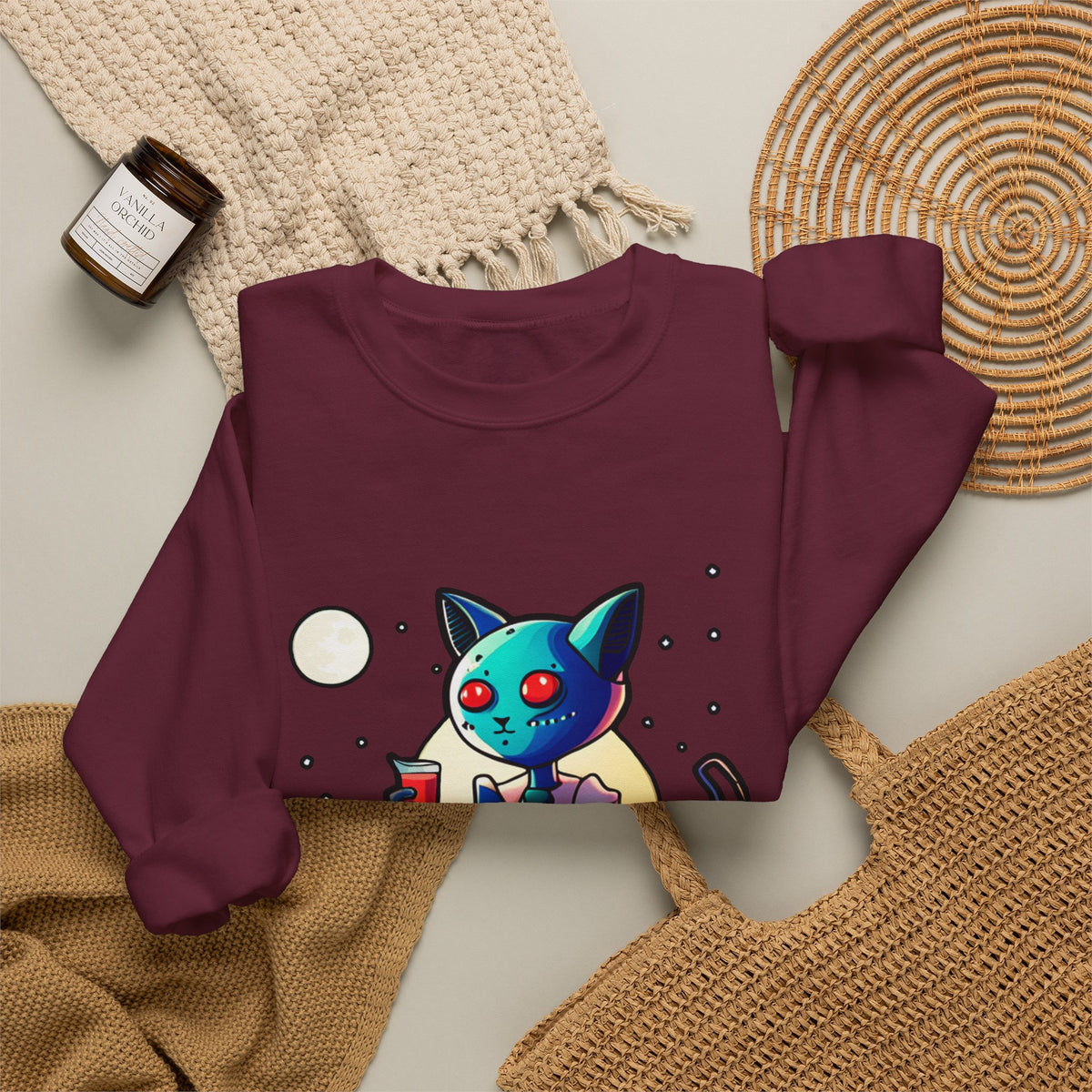 Alien Cat Crewneck Sweatshirt — Neon Cosmic Cat Graphic