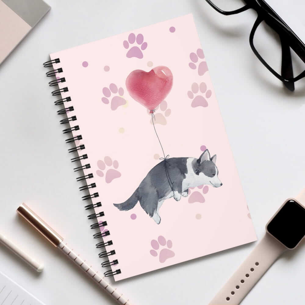 Corgi Balloon Spiral Journal — Cute Paw Print Notebook