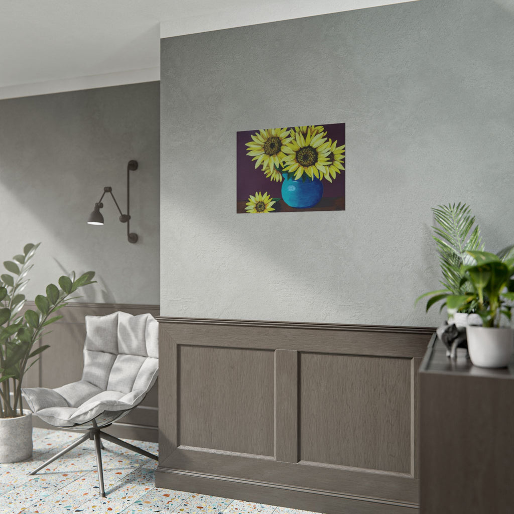 Yellow Sunflowers in Blue Vase Rolled Art Print