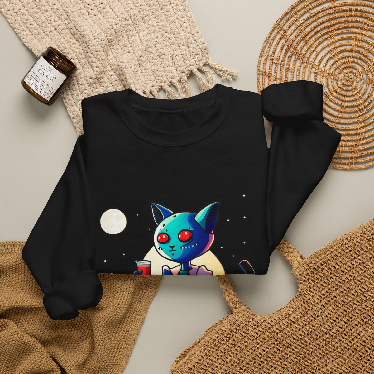 Alien Cat Crewneck Sweatshirt — Neon Cosmic Cat Graphic