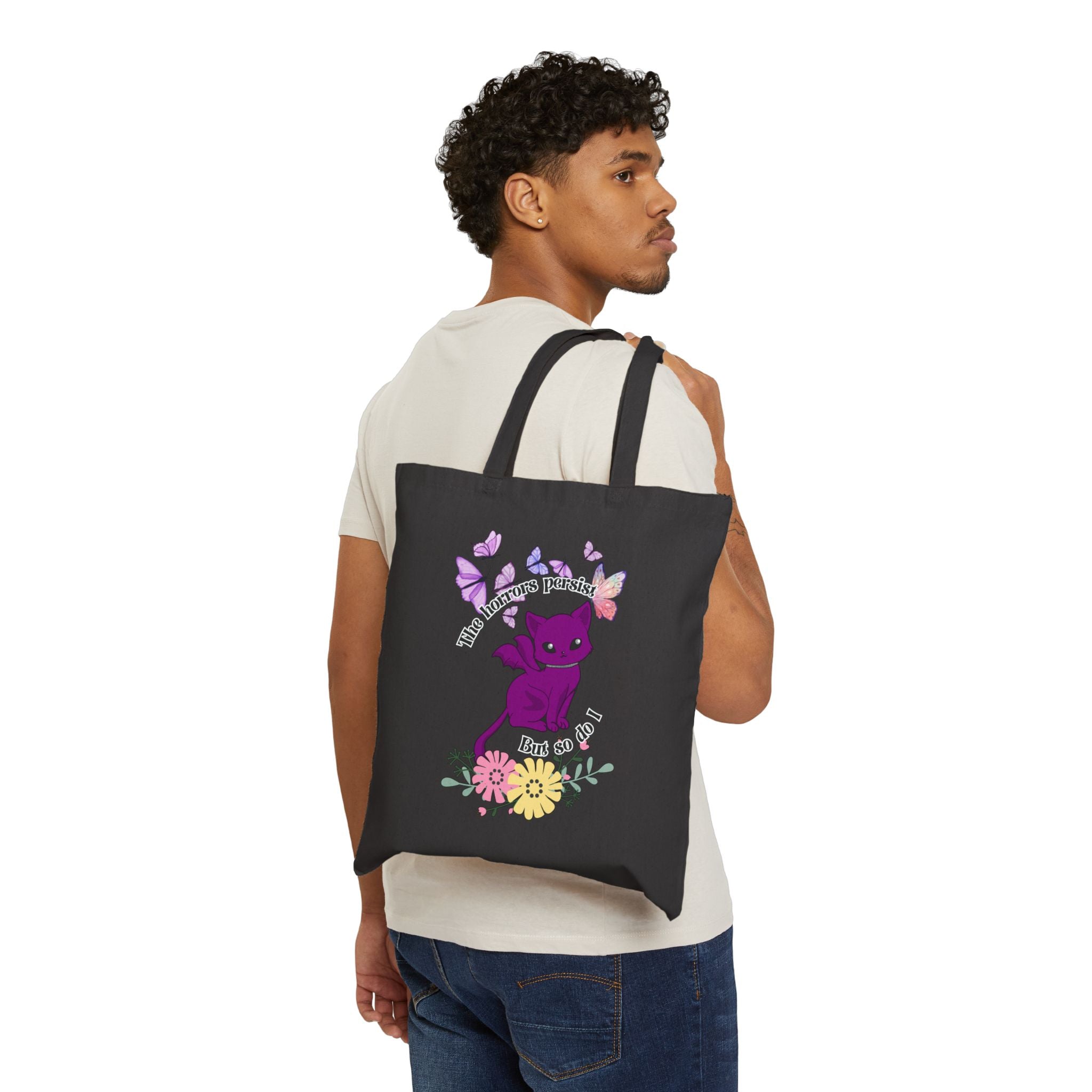Tote Bag — "The Horrors Persist but so Do I" Floral Purple Cat Canvas Tote