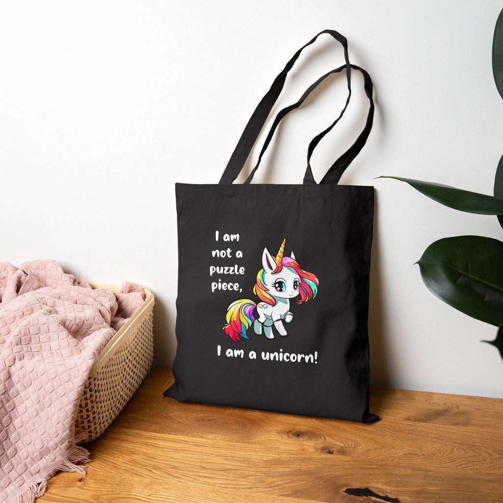 Unicorn Canvas Tote Bag — "I am Not a Puzzle Piece. I am a Unicorn!" Cute Rainbow Tote for Kids & Gift