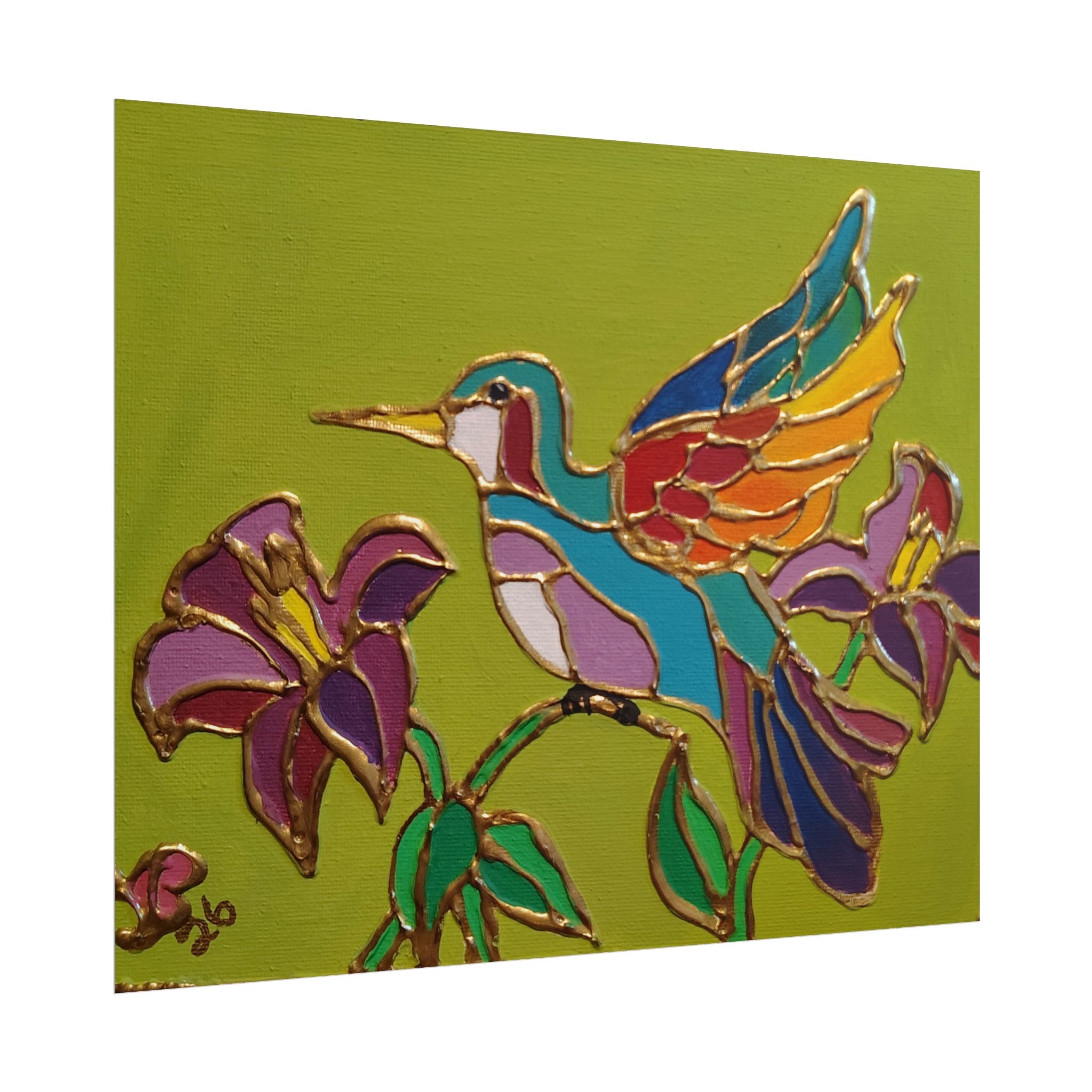 Hummingbird Stained-Glass Art Poster - Colorful Floral Wall Decor (Rolled Poster)